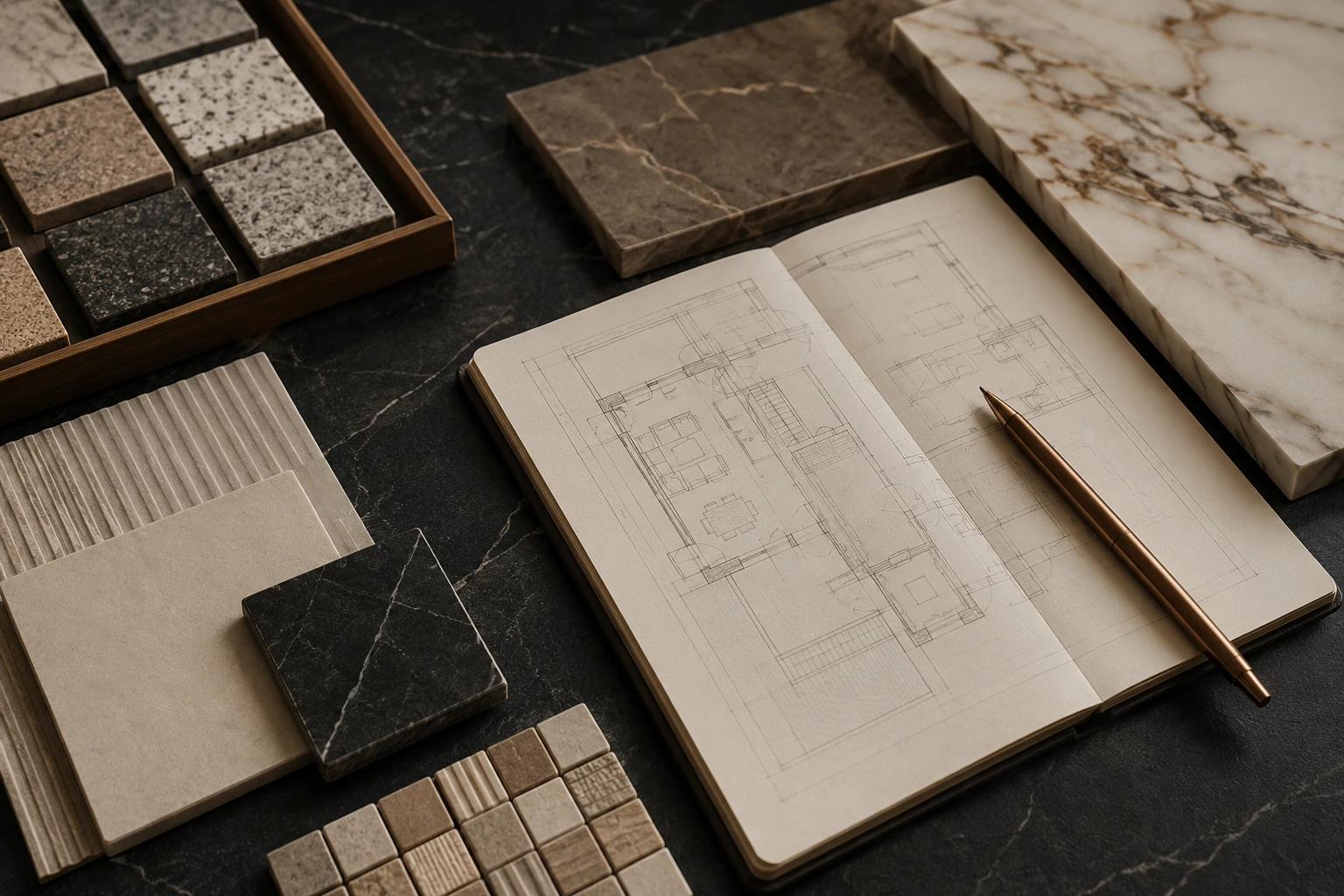 Werktafel met bouwplannen, natuursteenstalen en materiaalkeuzes