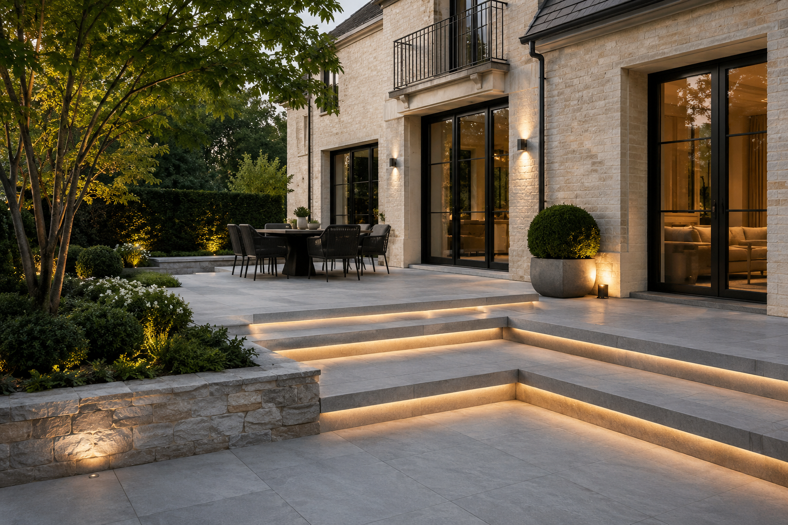 Terras in natuursteen met verlichte traptreden
